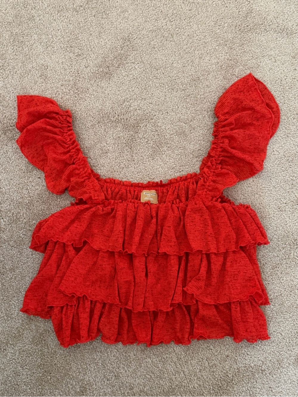 Free People Free-est Red Ribbed Ruffled Crop Top in Fiesta Red